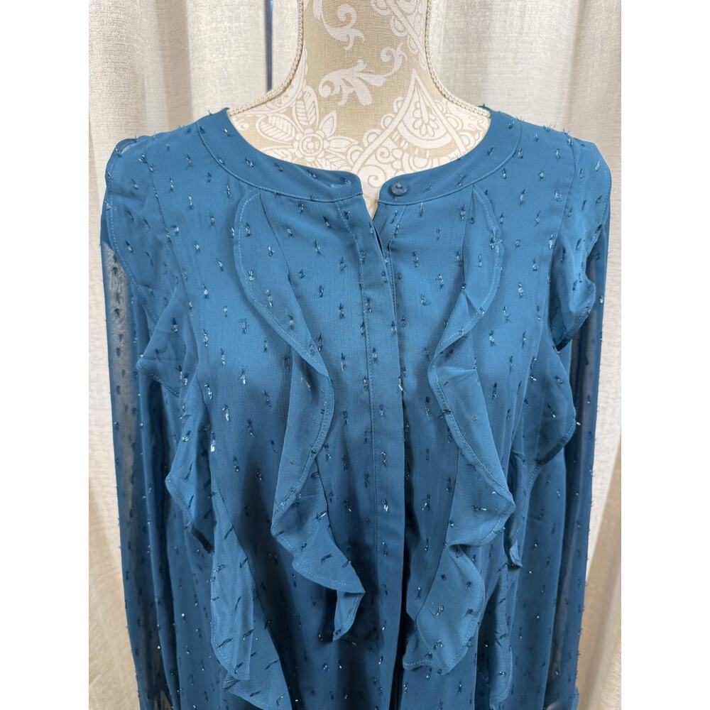 Isaac Mizrahi Live Teal Ruffle Blouse 26W Sheer Swiss Dot Tunic Top Elegant - Picture 3 of 13